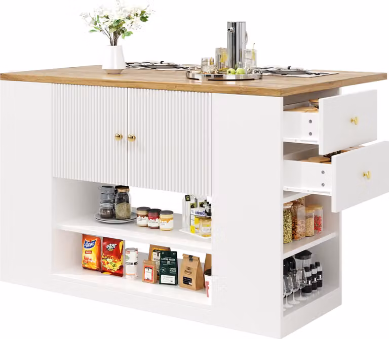 Isola da cucina, mobili da cucina, credenze, mobili da cucina con cassetti e ripiani, armadietti per stoviglie per cucina e sala da pranzo, bianchi, bianco