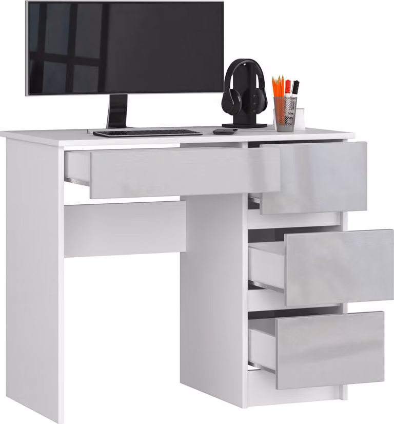 BDW Scrivania per ufficio con 4 cassetti, scrivania da gioco, bianco/grigio lucido destro