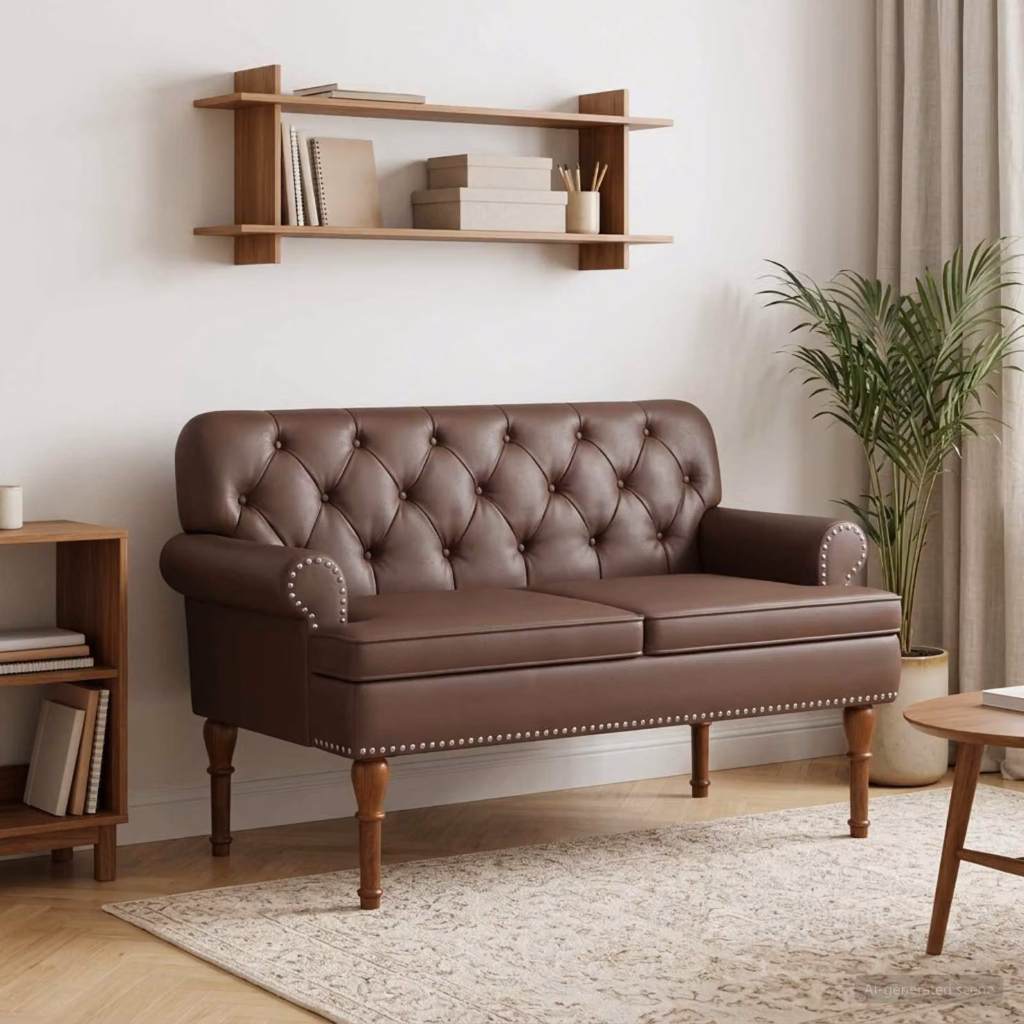 Loveseat moderno vidaXL in velluto marrone con bottoni imbottiti, L: 120 cm, P: 65 cm, H: 77 cm