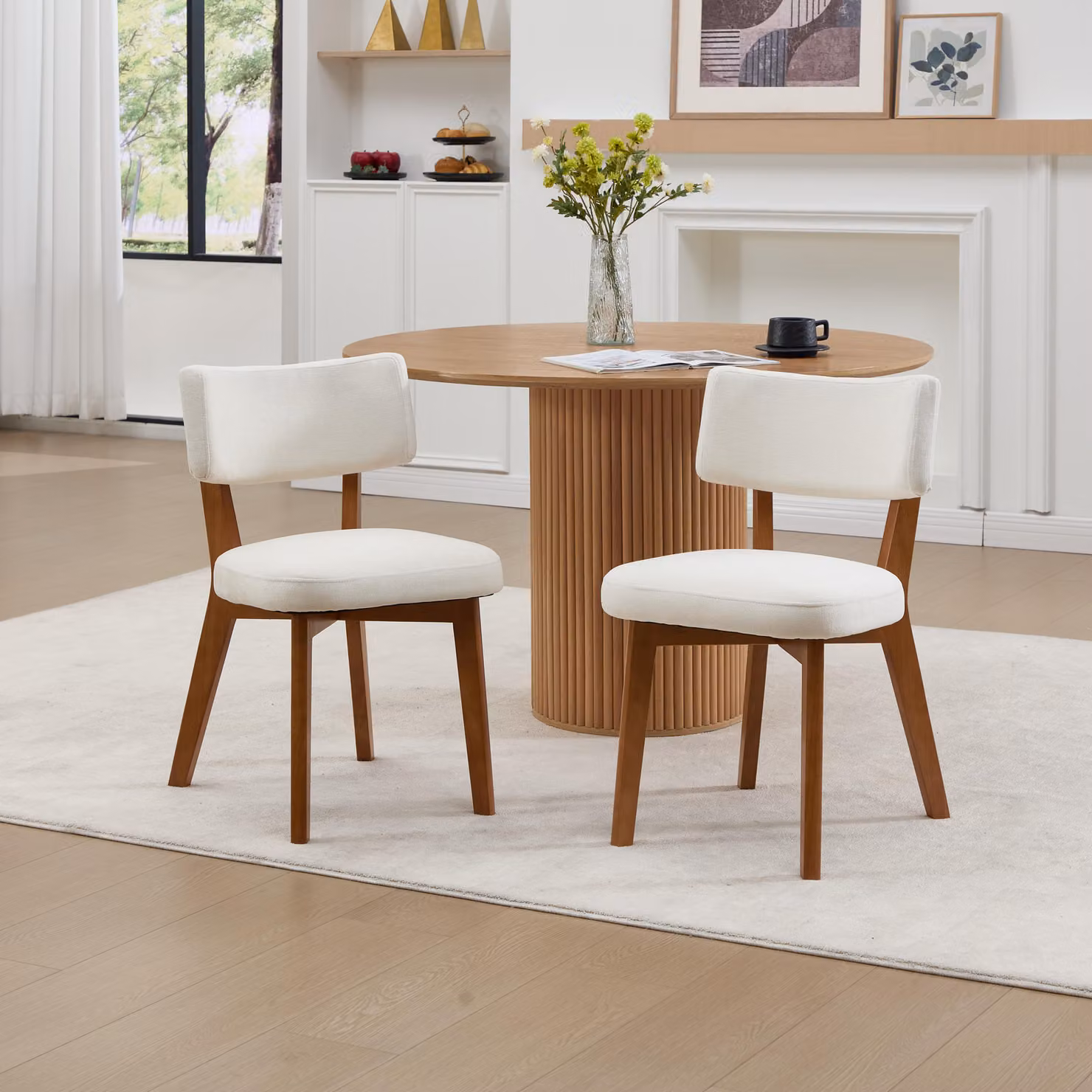 LVHOM Set di 2 sedie imbottite in massello con rivestimento in lino, sedia da pranzo ergonomica con schienale, sedia da cucina, sedia da salotto di metà secolo, beige