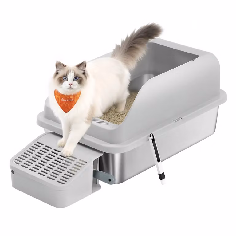 Lettiera per gatti in acciaio inox con ingresso superiore, Grigio Tortora