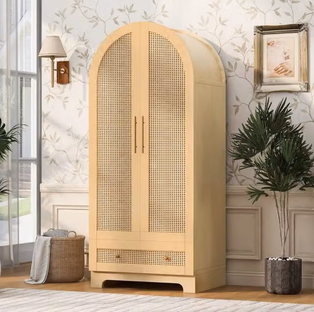 Armadio a 2 ante 70x55x170 cm con 2 cassetti e vano interno; effetto rattan; colore legno