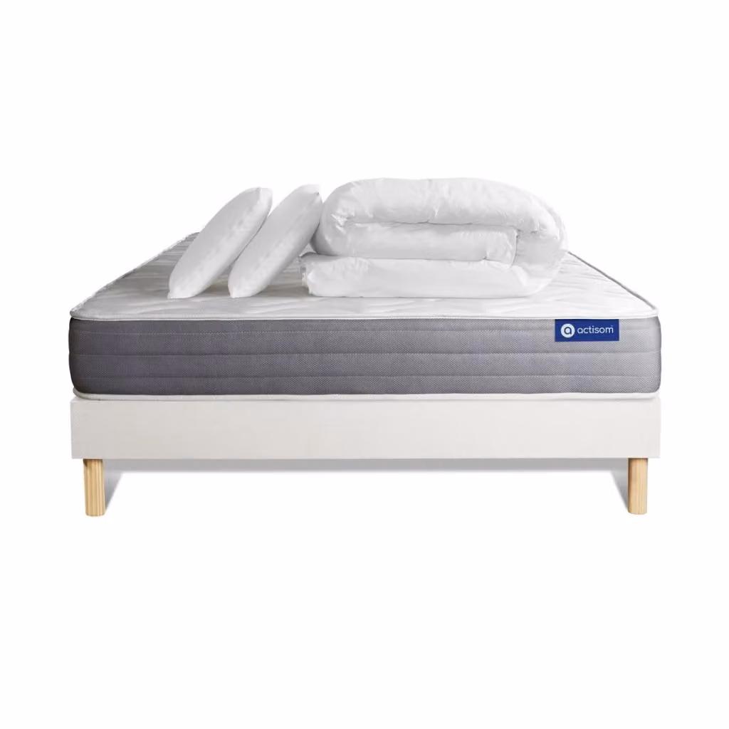 Set letto completo Actisom Dream con materasso ibrido a molle pocket, box spring con doghe, 2 cuscini e piumino, colore bianco, L/P: 200 x 200 cm – 2