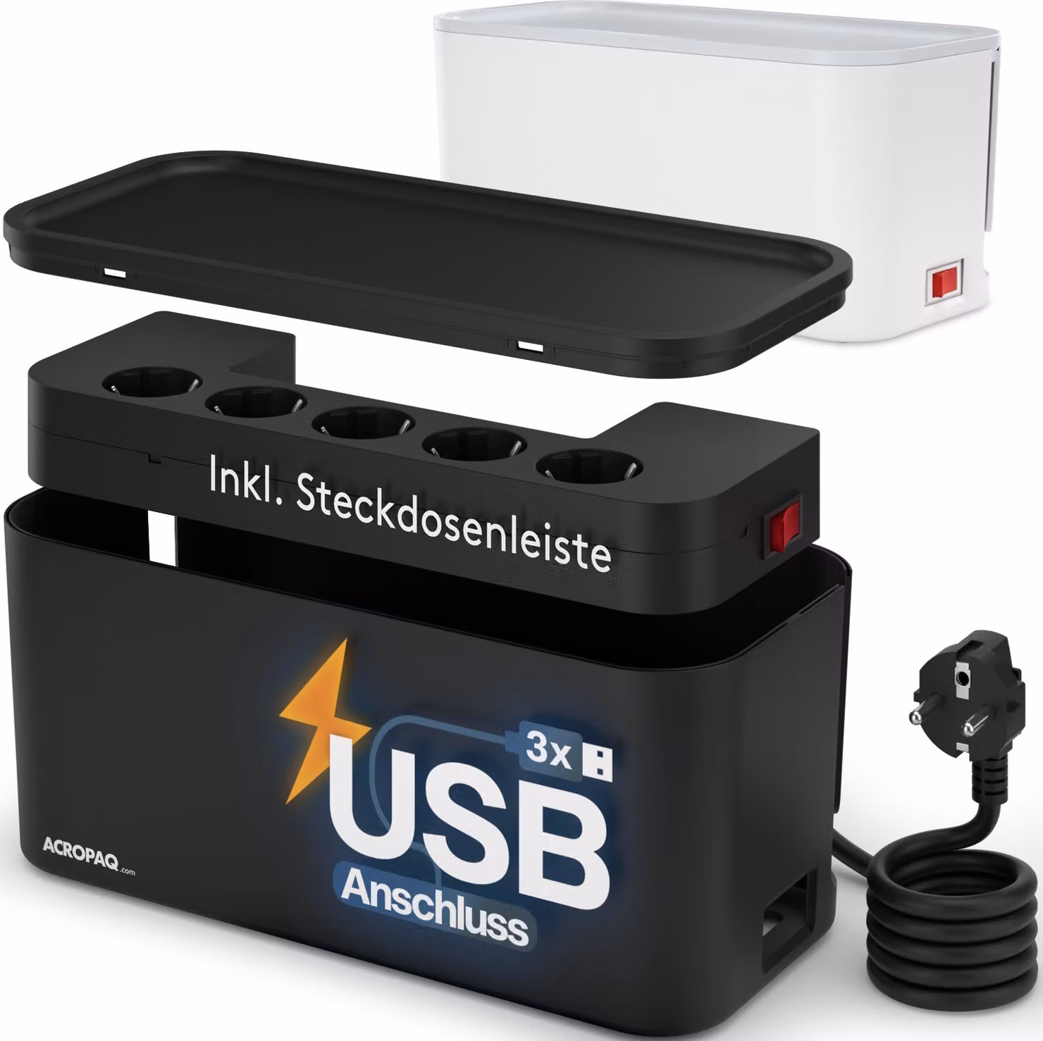 Scatola per cavi con presa multipla con USB - Presa a 5 vie, USB-A, 33 x 14 x 14 cm, 2500 Watt - Organizzatore di cavi, scatola per la gestione dei cavi, scatola per cavi nera - ACROPAQ
