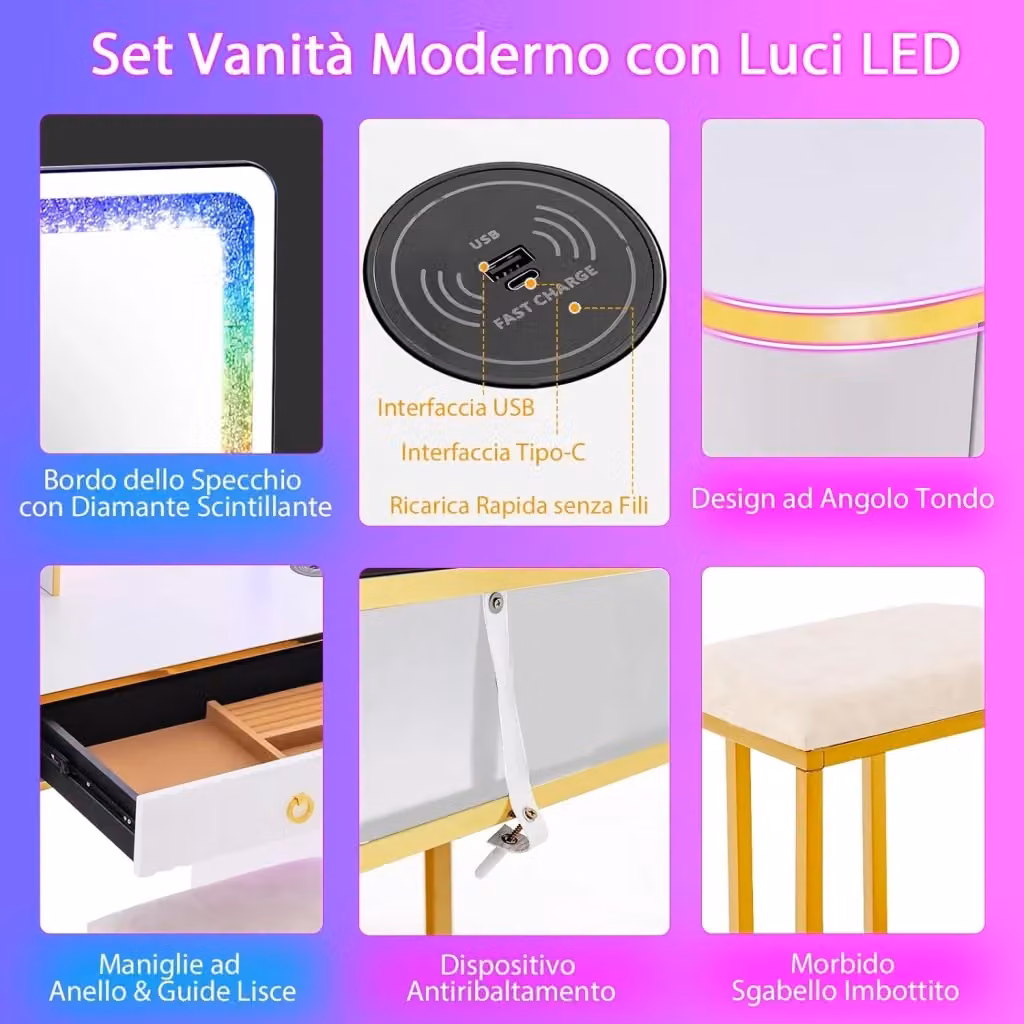 Toeletta da trucco Costway con specchio Hollywood LED, 4 cassetti e porte USB, Bianco, L/P/H: 80 x 40 x 137 cm – 2