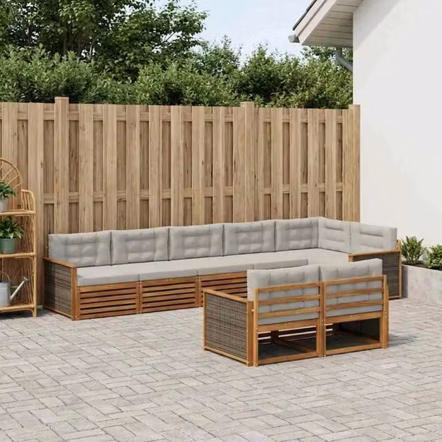 Set di divani da esterno a L vidaXL in legno di acacia con cuscini beige e grigi – 1