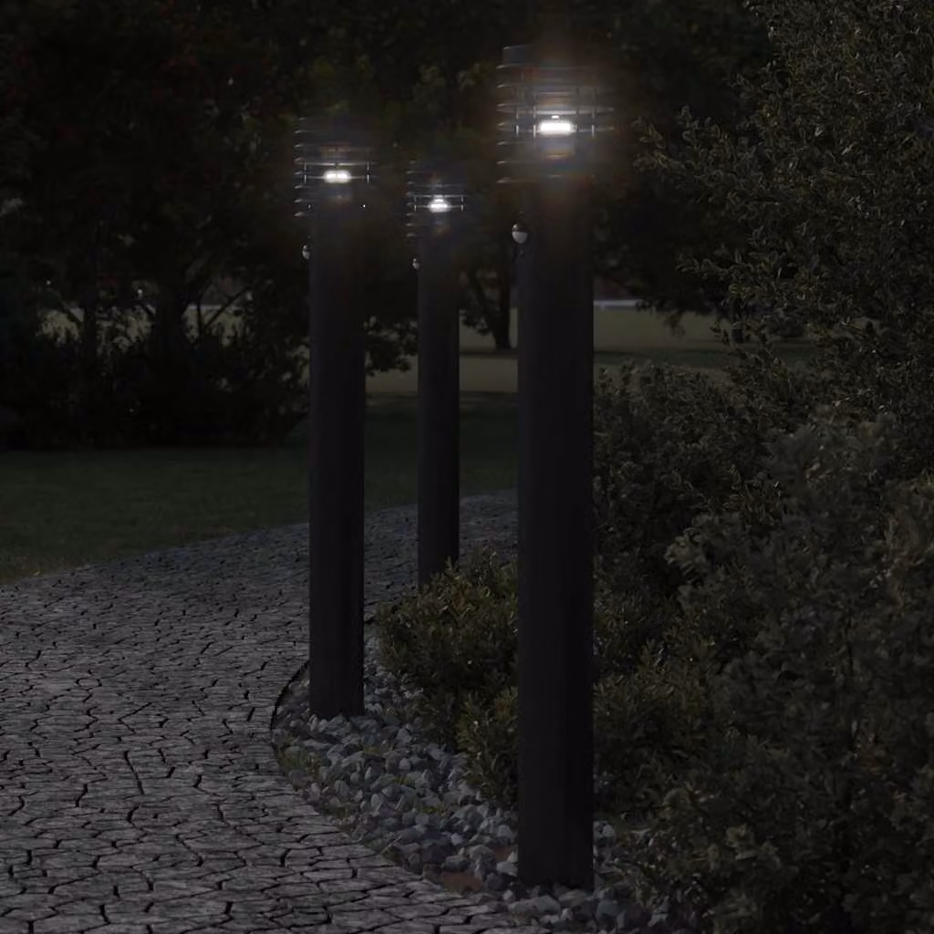 Set di 3 lampade da terra per esterni vidaXL con sensore di movimento, colore nero, in acciaio e metallo, Altezza: 110 cm