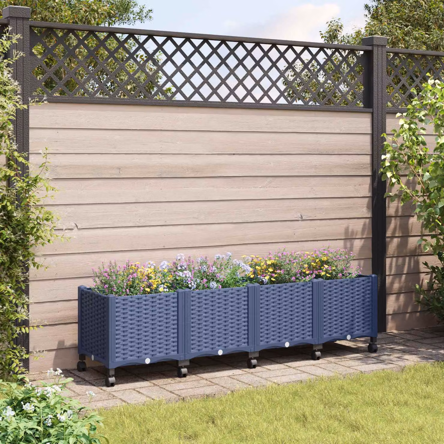 Vaso da giardino con ruote vidaXL in plastica, Blu e Grigio, L: 160 cm, P: 40 cm, H: 44 cm