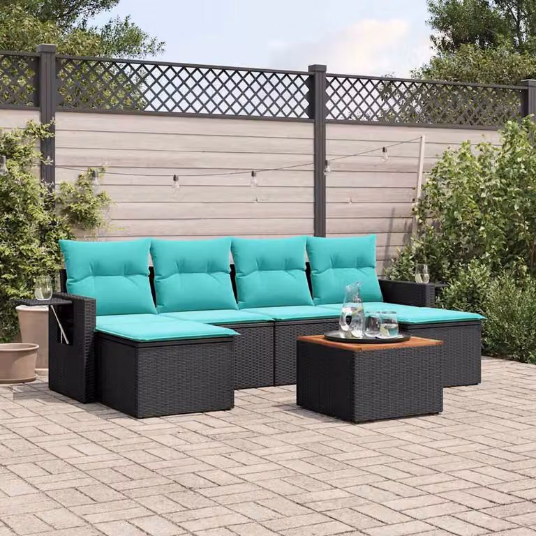 Set di divani da giardino vidaXL in 7 pezzi in polyrattan nero con cuscini e tavolino da esterno
