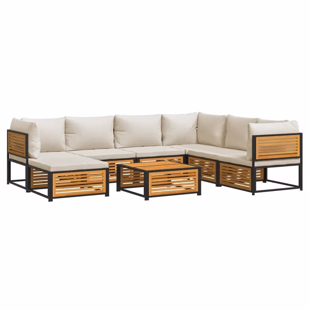 Set Divano da Giardino a L vidaXL 8pz in Legno di Acacia e Acciaio con Cuscini Beige e Bianchi – 2