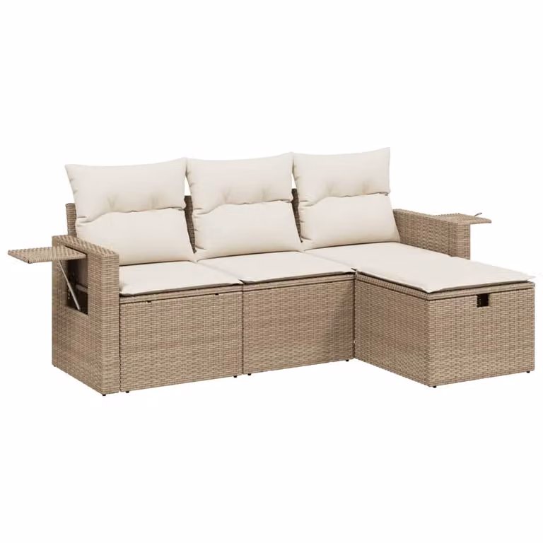Set Divano da Giardino 4 pz con Cuscini Beige in Polyrattan