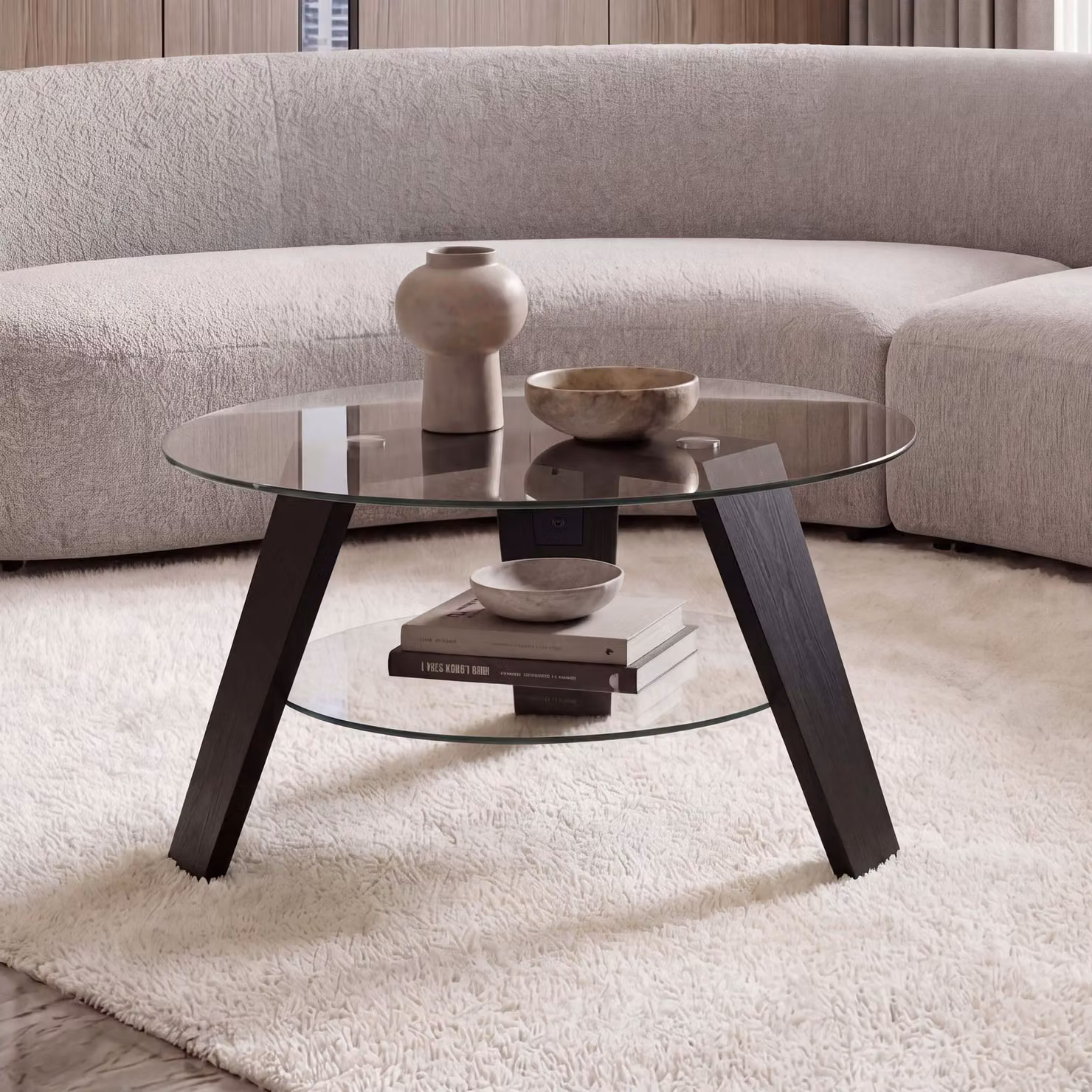 Tavolino MCA HWC-P59, tavolino ausiliario, tavolino da caffè, tavolino da soggiorno, in legno massello con piano in vetro rotondo di diametro 75 cm, finitura noce e nero