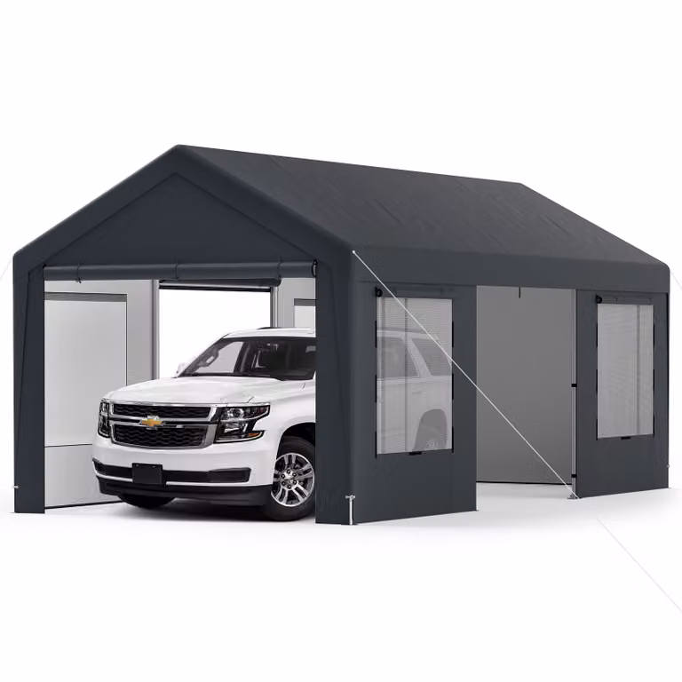 Tenda COSTWAY garage carport 595x300cm, tenda da garage con 8 pareti laterali rimovibili, porte a rullo e finestre ventilate, tenda da pascolo, copertura per garage