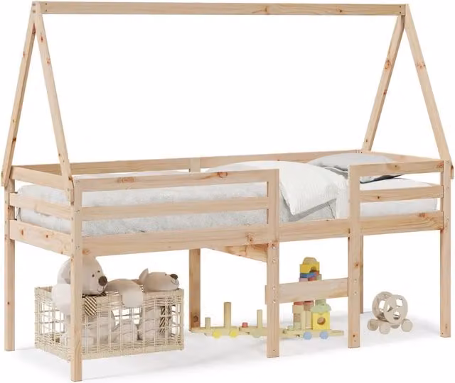 Letto singolo | Letto per adulti | Letto a Soppalco con Tetto 75x190 cm in Legno Massello di Pino