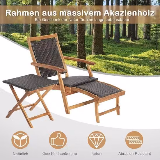 Sedia da giardino con tavolino supplementare, sedile in acacia con supporti in poliuretano, sdraio pieghevole con tavolo per giardino, balcone e piscina