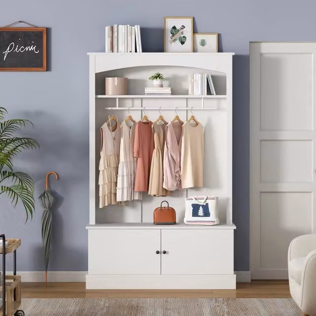 Mobile ingresso moderno Vovees Living bianco con panca e appendiabiti in MDF L/P/H: 120 x 40 x 190 cm