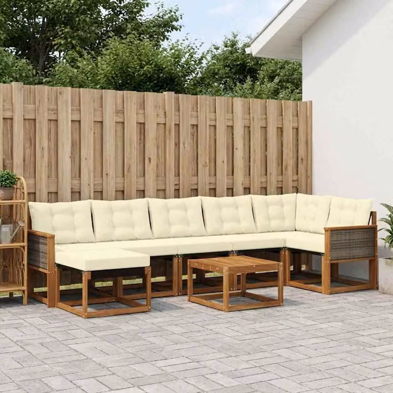 vidaXL Set di divani da esterno 8 pz in legno di acacia con cuscini beige e bianco