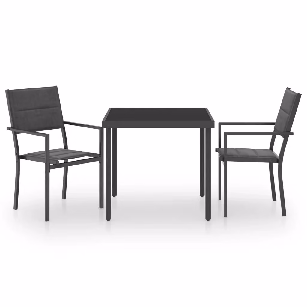 Set da pranzo da giardino vidaXL in acciaio verniciato a polvere e vetro, composto da 3 pezzi, colore antracite/nero/grigio opaco – 2