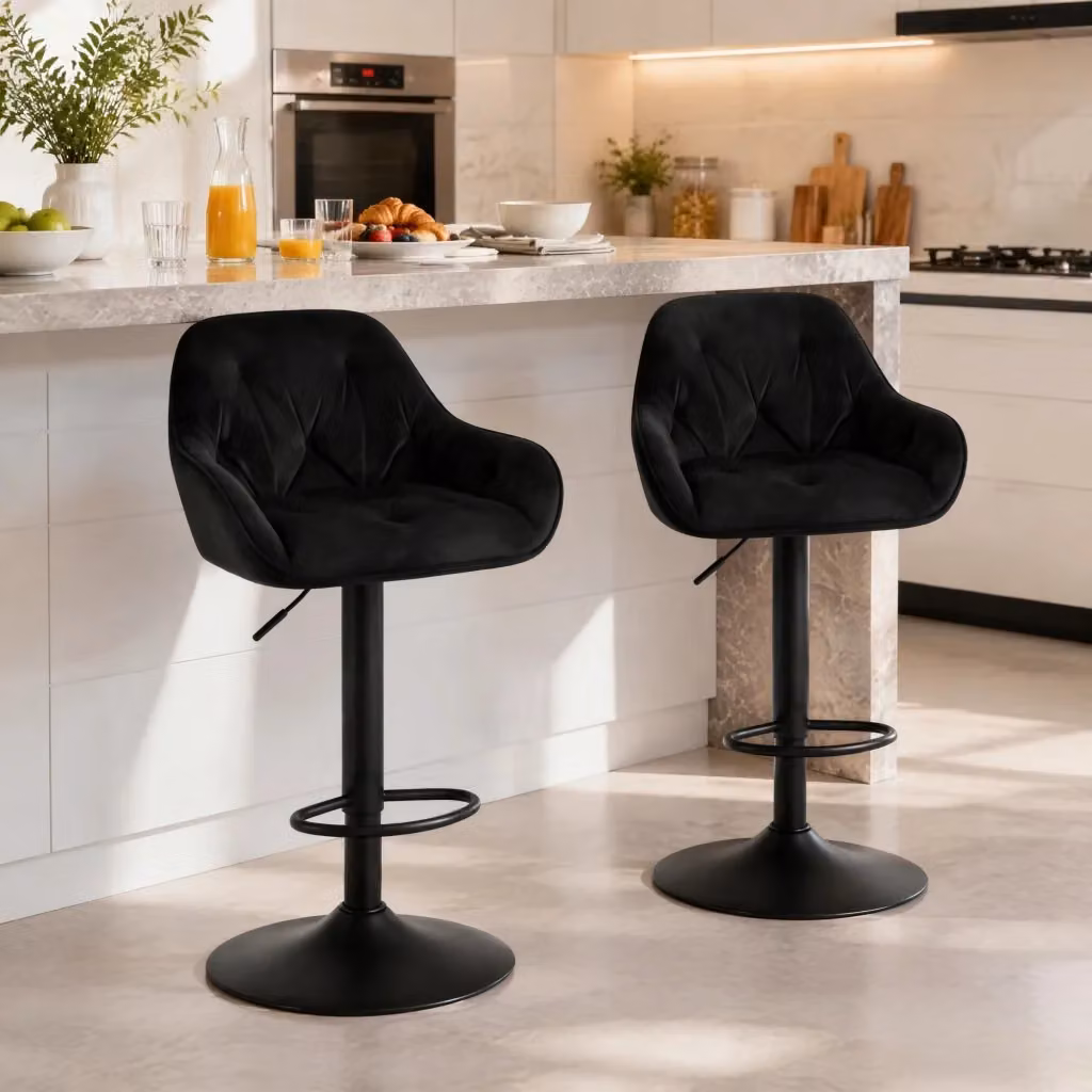 Set da 2 sgabelli bar REDOM regolabili in velluto nero con base in metallo e rotazione a 360 gradi, altezza: 62,5-84 cm – 2