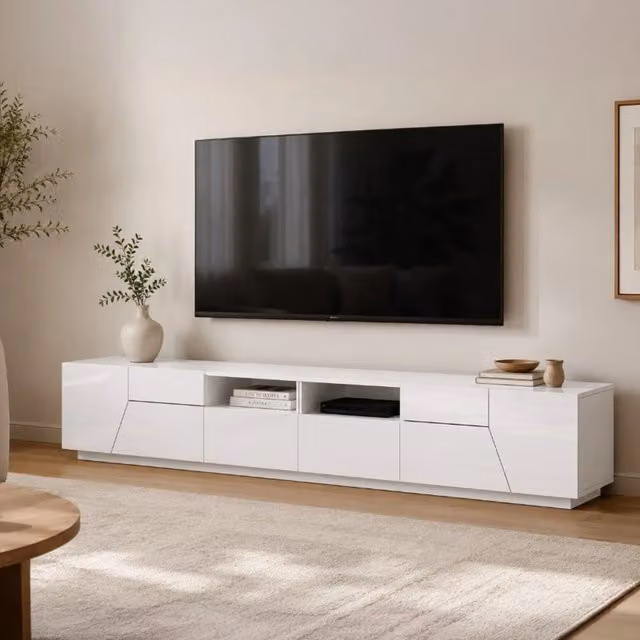 Credenza da soggiorno DMORA Porta Asdrubale con 4 ante geometriche e 2 cassetti, Bianco lucido, L: 260 cm, H: 43 cm, P: 46 cm
