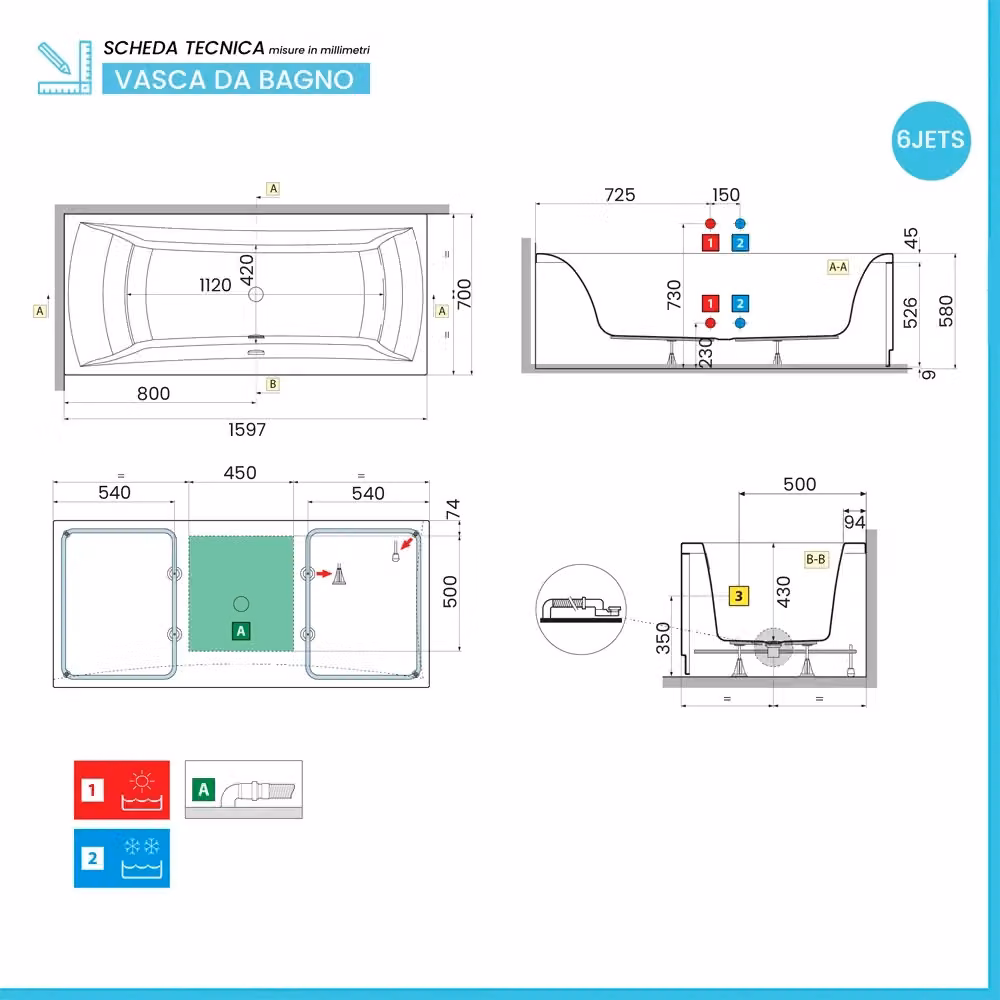 Vasca da bagno idromassaggio Novellini con 6 jet e cuscino antibatterico Ypsilon, bianco lucido, L: 160 cm, P: 70 cm, H: 58 cm – 2