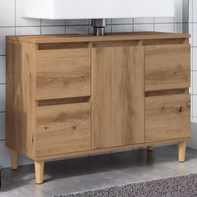 Mobile Lavabo da Bagno Moderno vidaXL in Legno di Eucalyptus Marrone con Ante e Cassetti, Sospeso, L: 80 cm, P: 33 cm, H: 60 cm