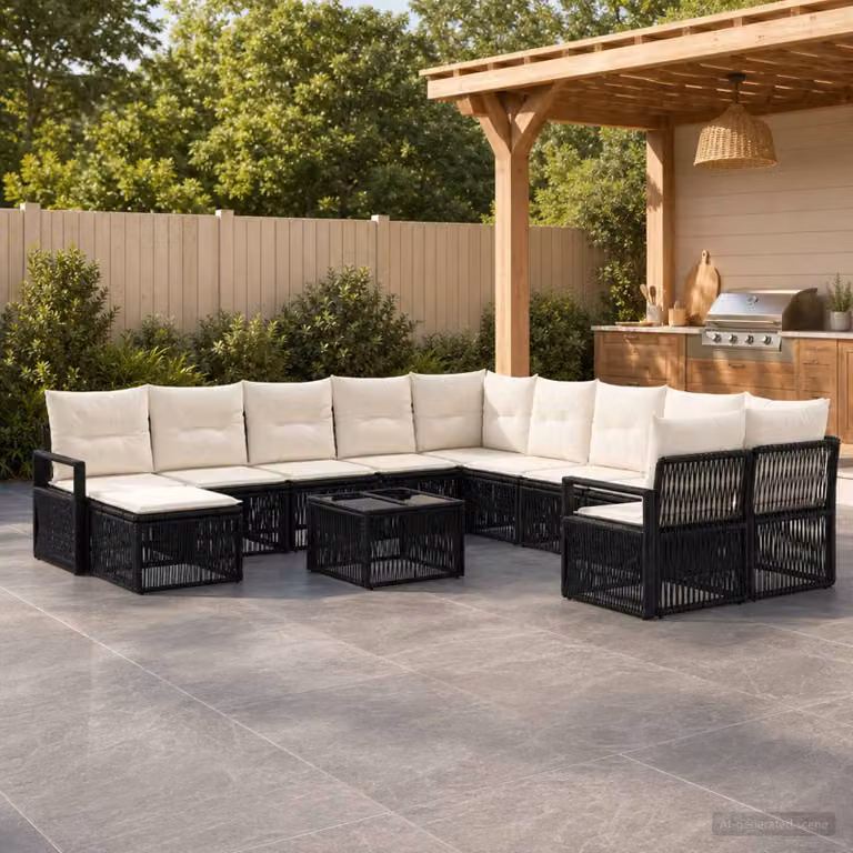 Set Divano da Giardino vidaXL 12 Pezzi a Forma di U con Poltrona, Tavolino e Ottoman, Colore Nero, Struttura in Metallo e Polyrattan con Cuscini Inclusi