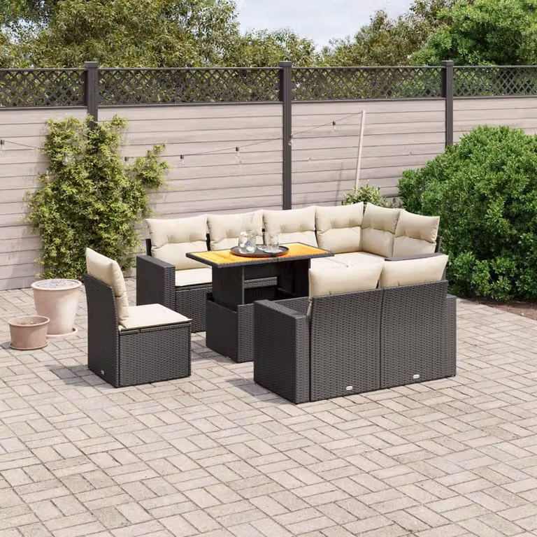 Set di divani da giardino vidaXL in polyrattan nero con cuscini, composizione a L con tavolino da esterno
