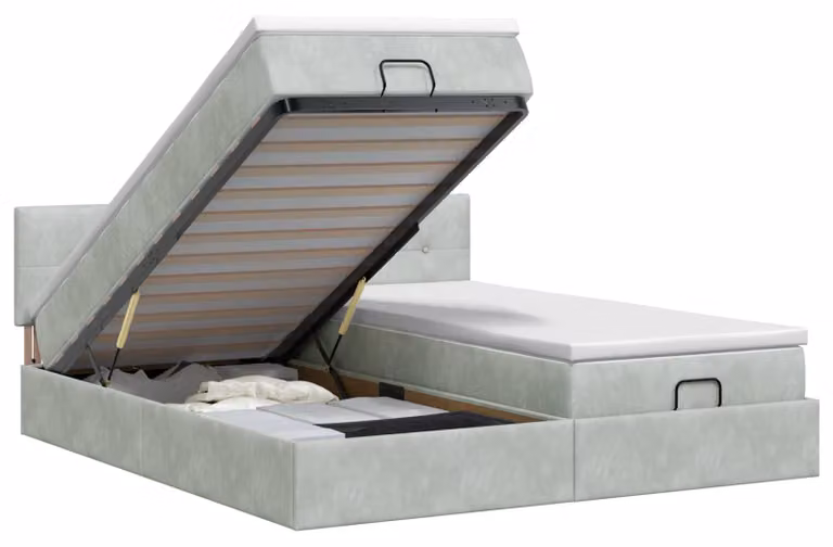 Divano poltrona ottomano con materasso e poggiatesta, 2 pezzi, color grigio chiaro, rivestito in velluto