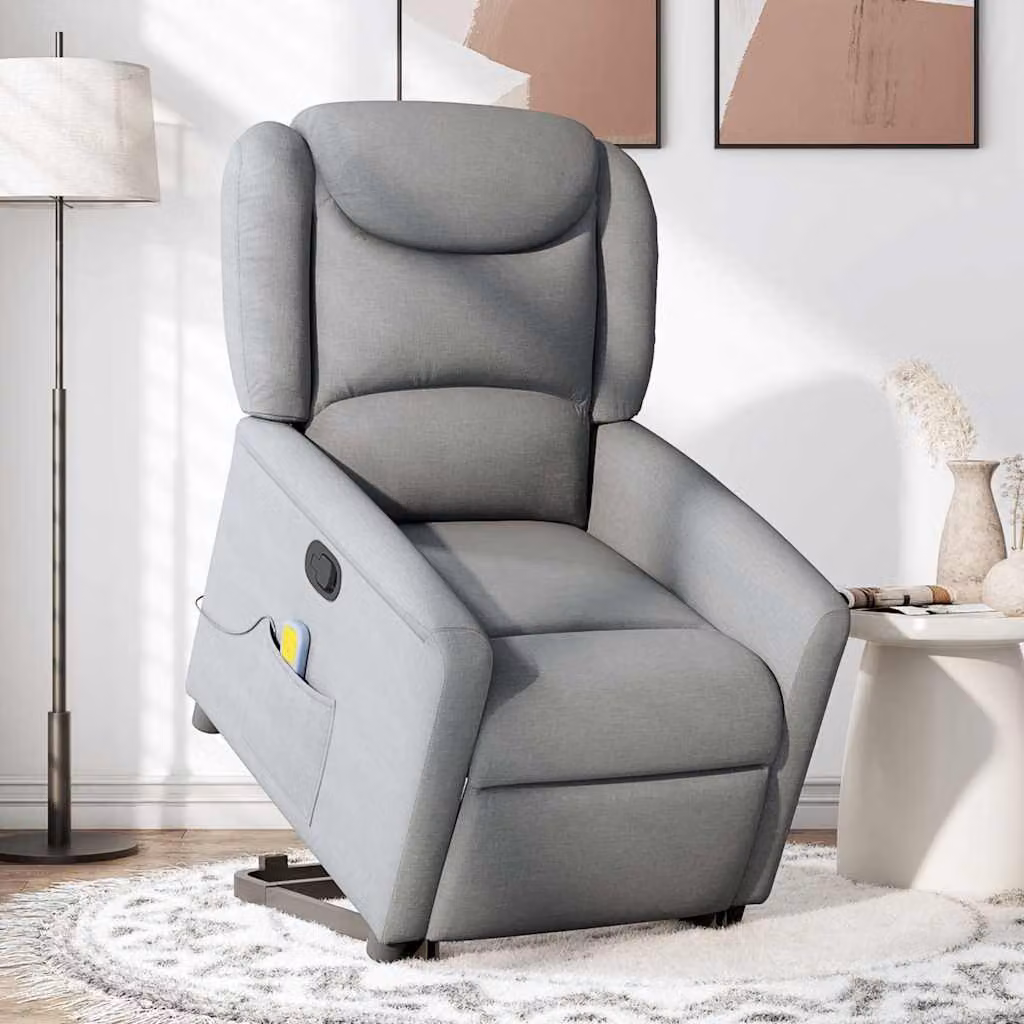 vidaXL Poltrona Alzapersona Massaggi Reclinabile Grigio Chiaro Tessuto
