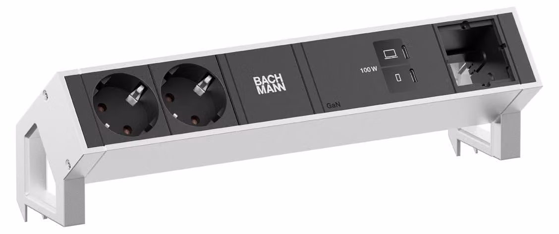 Scrivania BACHMANN DESK2, 2 prese CEE7/3, 1 porta USB-C con ricarica da 100W, 1 cavo di alimentazione CM, lunghezza 0,2 metri, acciaio inossidabile