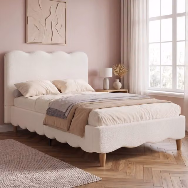 Letto singolo OKWISH in bouclé bianco con testiera imbottita e rete inclusa, L/P/H: 90 x 200 x 108 cm