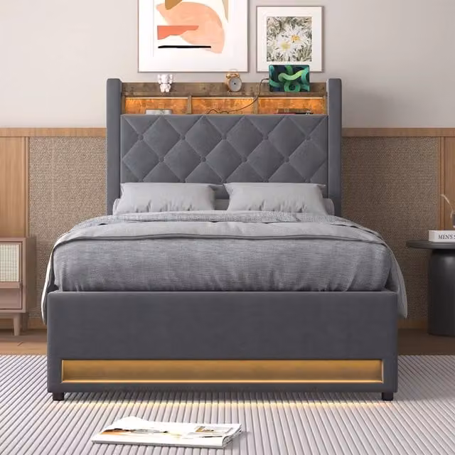 Letto singolo contenitore 90x200 cm grigio in velluto con LED USB e rete a doghe sollevabile