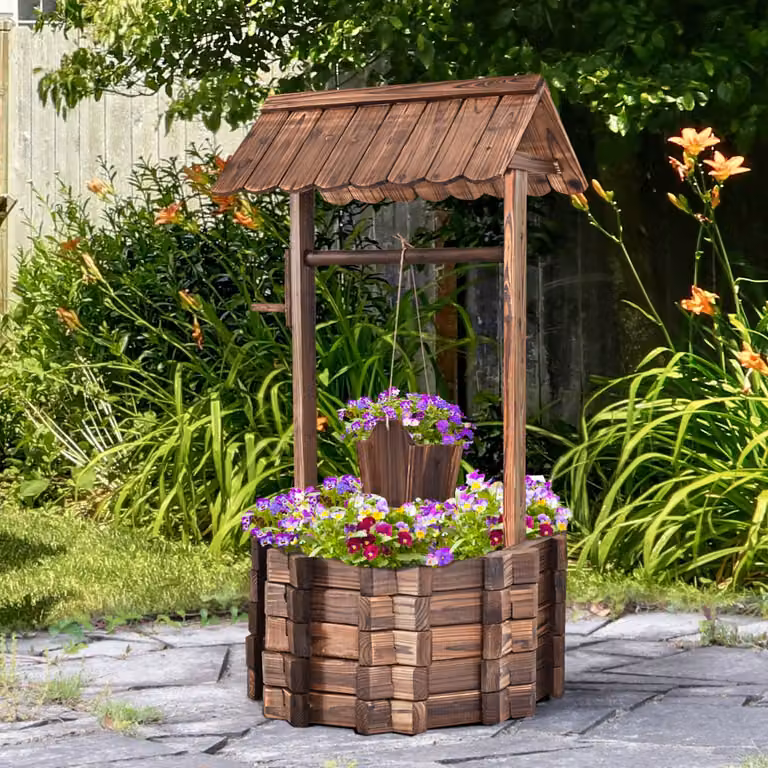 Pozzo decorativo in legno marrone Costway per piante e fiori da giardino