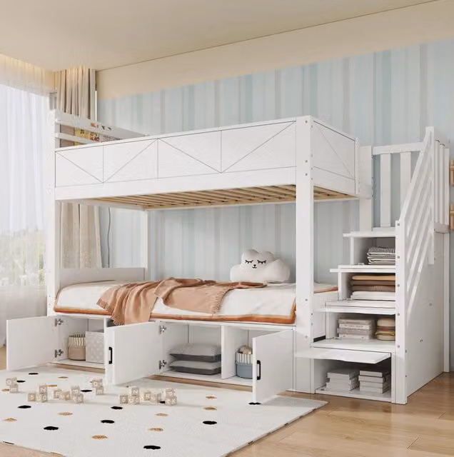Letto a castello bianco 90x200 cm con scala contenitore e vani chiusi