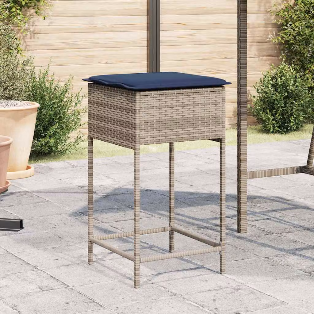 Set di 2 sgabelli da giardino vidaXL in polyrattan grigio con cuscini blu e fodere rimovibili