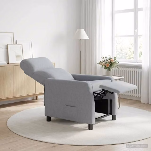 Poltrona reclinabile relax in tessuto grigio con braccioli e struttura moderna per soggiorno o ufficio