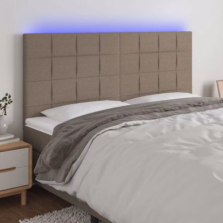 Testiera con LED e porta USB vidaXL in tessuto beige/grigio, L: 200 cm, P: 5 cm, H: 118-128 cm