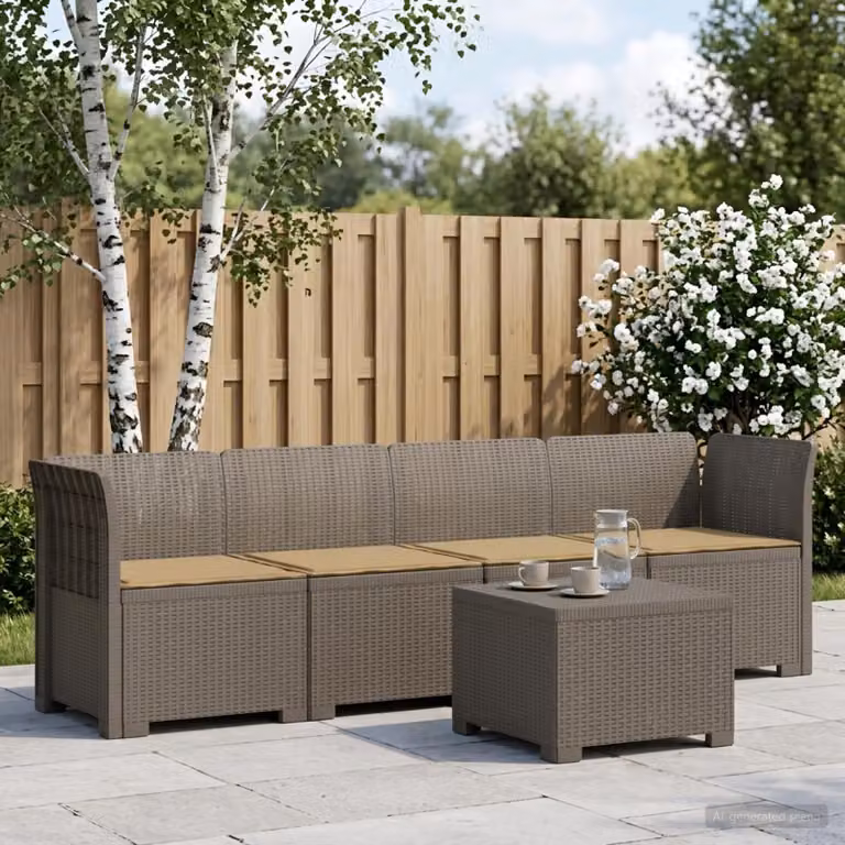 Set da giardino moderno vidaXL con divano a 4 posti, elemento angolare e tavolino, in stile rattan con cuscini inclusi e coperture rimovibili, disponibile nei colori grigio, beige o marrone