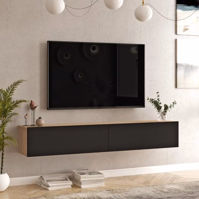 Mobile Porta TV Lapinlahti en.casa con 2 Ante a Ribalta, Consolle da Parete Moderna in Effetto Rovere e Nero, L: 180 cm, P: 31,5 cm, H: 29,5 cm