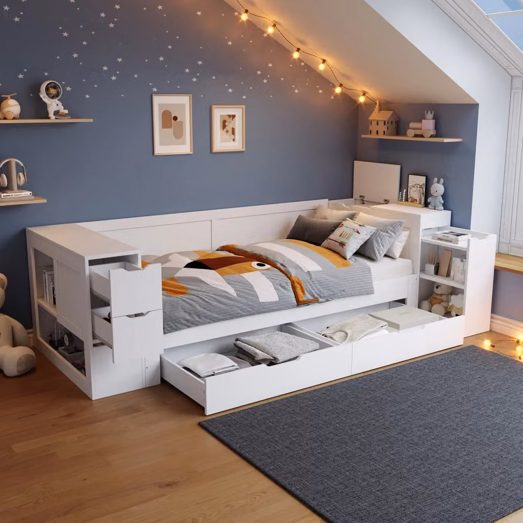 Letto a Divanetto Singolo con Cassetti e Contenitore in MDF Bianco L/P/H: 90 x 200 cm – 2