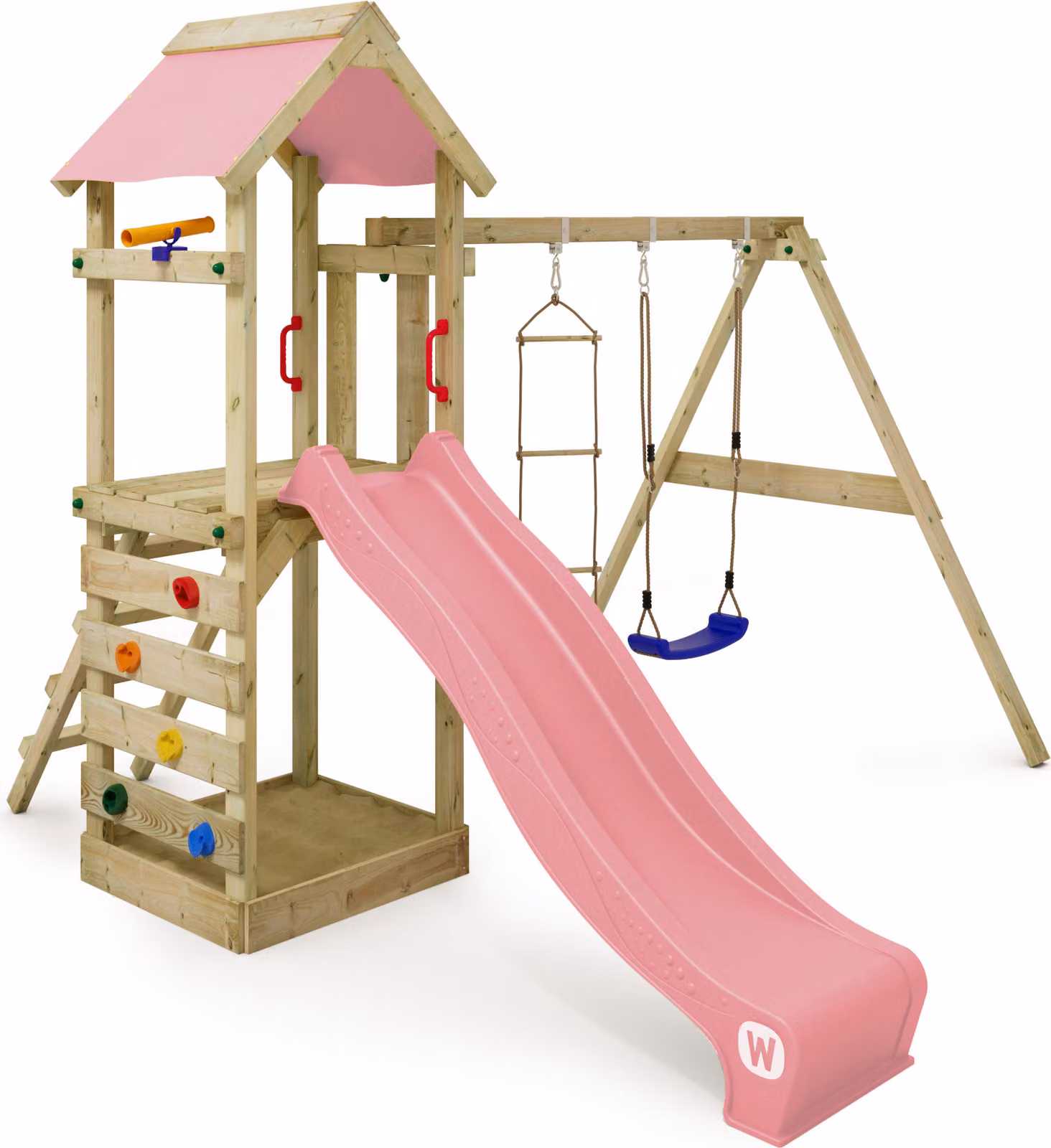 Torre giochi Wickey FreeFlyer con altalena e scivolo in rosa chiaro
