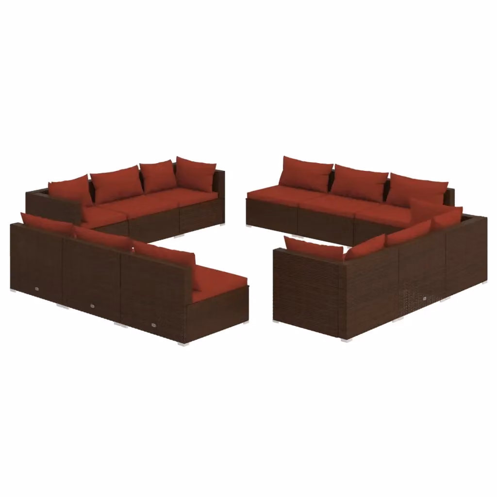 Set di divani da giardino a forma di U vidaXL con cuscini marroni e rossi in rattan e struttura in metallo – 2