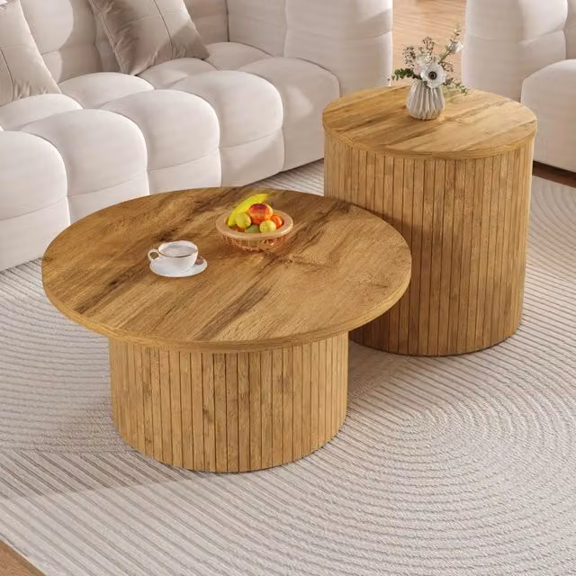 Tavolini bassi rotondi componibili in MDF naturale set di 2 per soggiorno