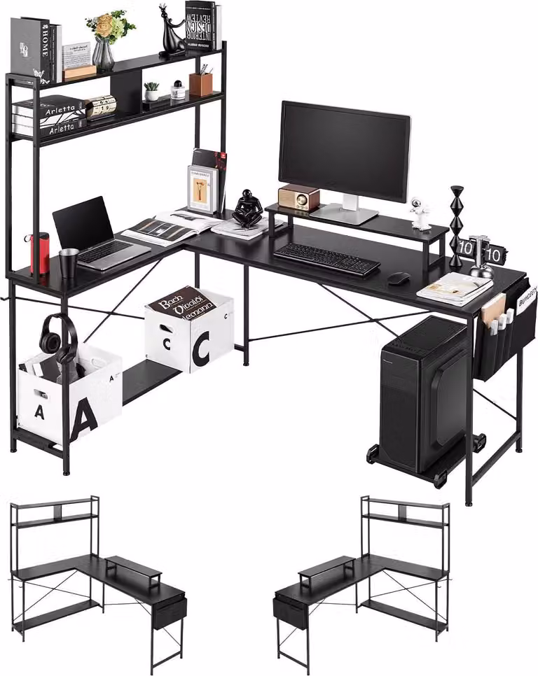 Scrivania da gaming - Scrivania angolare a forma di L 170 cm - Con supporto per monitor - Supporto scorrevole per CPU - Capacità di carico 68 kg - Scrivania per computer - Per l'ufficio domestico