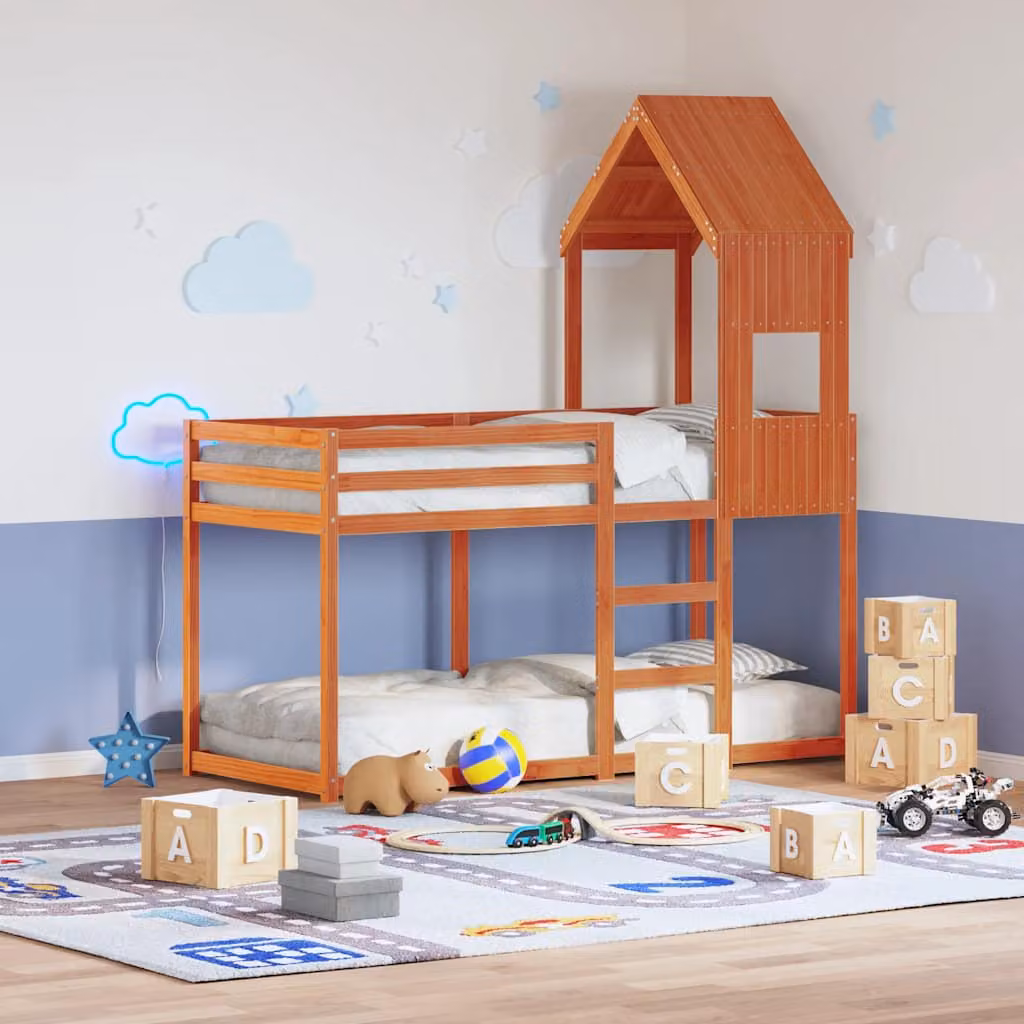 Letto a tetto per bambini vidaXL in legno massello di pino, colore marrone cera, L/P/H: 99 x 55 x 139,5 cm