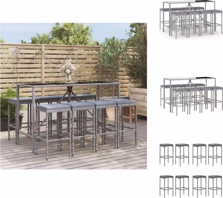 vidaXL Set bar da giardino 9 pezzi con cuscini in poly rattan grigio - Set di mobili da giardino
