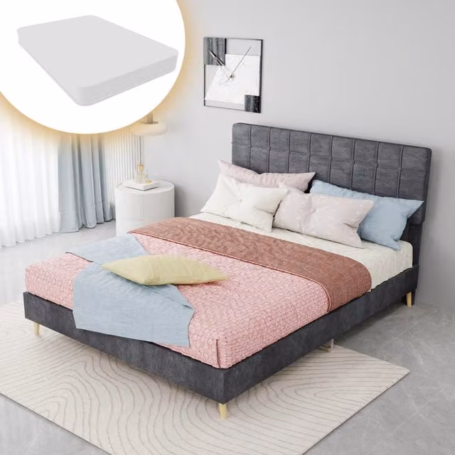 Letto matrimoniale 140×200 cm con testiera imbottita a quadri, materasso incluso, tessuto grigio