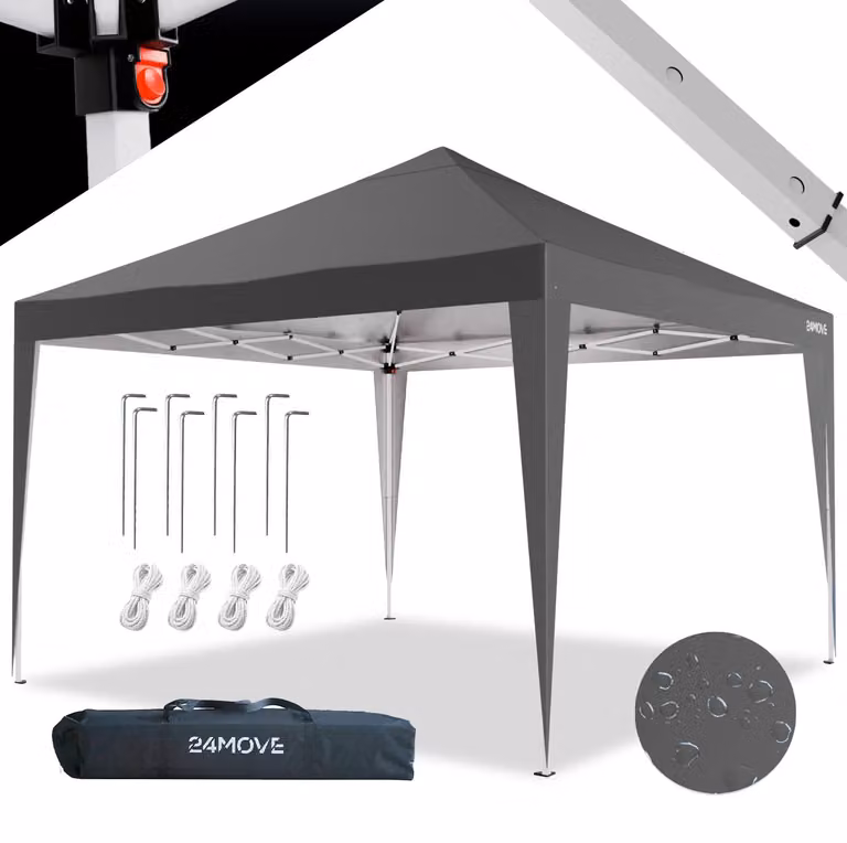 24MOVE® Gazebo Santos 3x3m Pop-Up Protezione UV 50+ Impermeabile e resistente all'inverno con borsa pieghevole e stabile, per campeggio e giardino Gazebo pieghevole - Tenda da festa Grigio