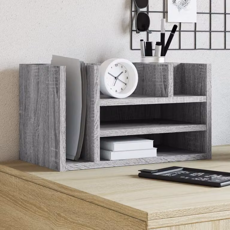 Organizer da scrivania vidaXL con scomparti multipli in legno multistrato, Grigio Sonoma, L 44,5 cm x P 24 cm x H 25 cm